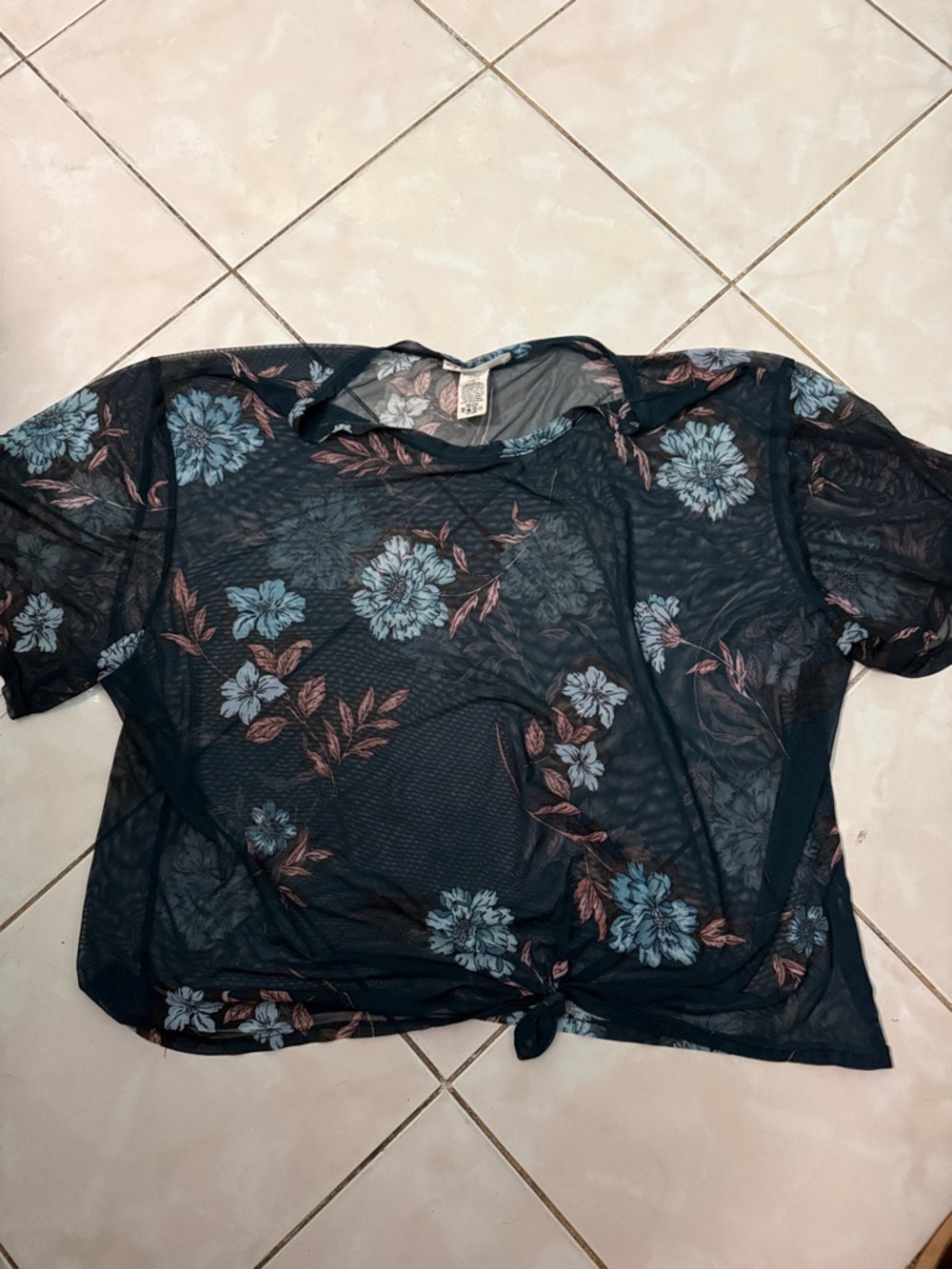 eye candy Black Sheer Floral Tie-Front Crop Top with Blue and Brown Blooms